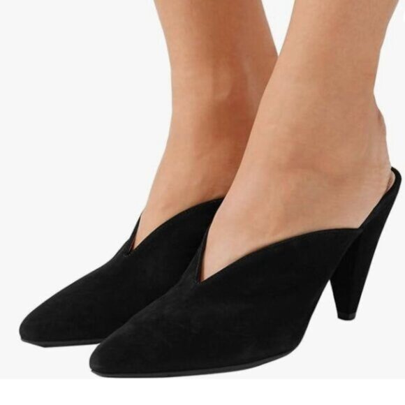 YDN Black Suede Cone Heel Pointed Toe Slide Mules Slip on V Cut Slide Sandals - Picture 1 of 8